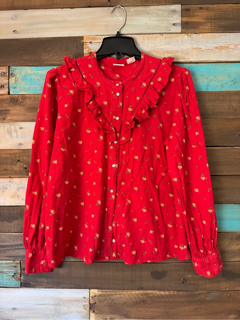 Levi's Carinna Ruffled Floral Blouse Red Long Sleeve Button Front | Size L